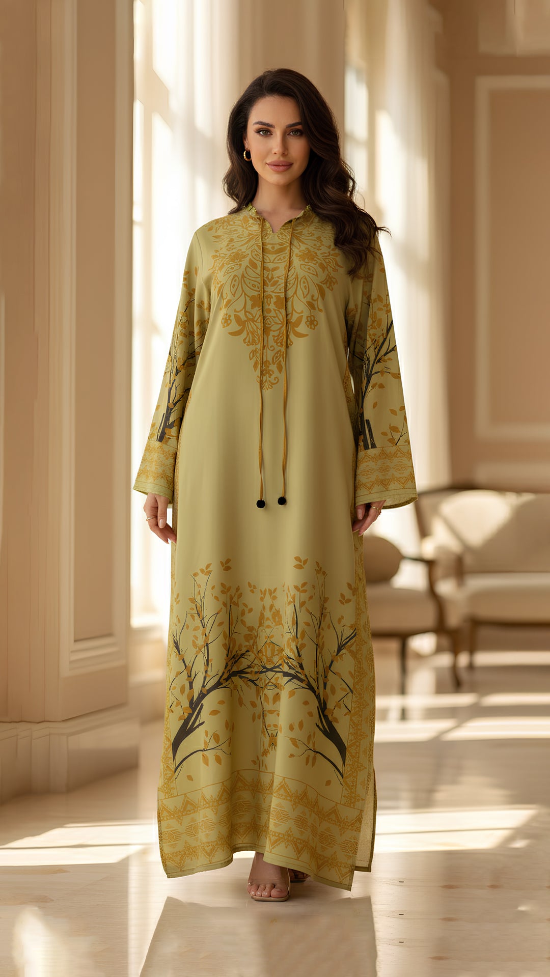 flowers and branches design lime kaftan dress for women