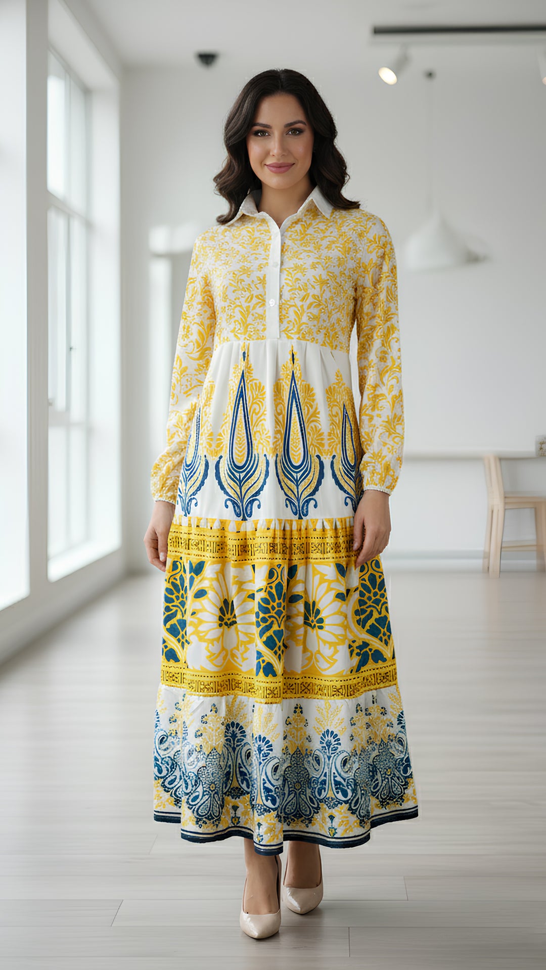 yellow and blue long shirt dress for females