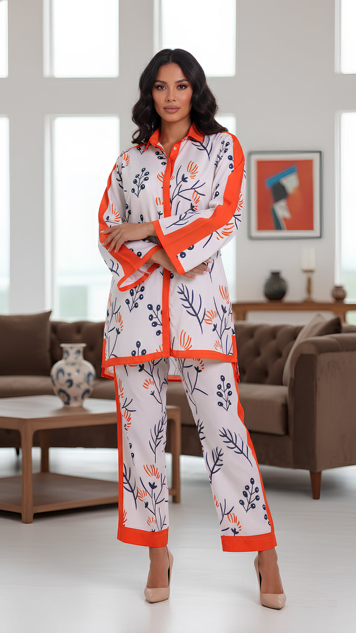 white and orange two piece set for women