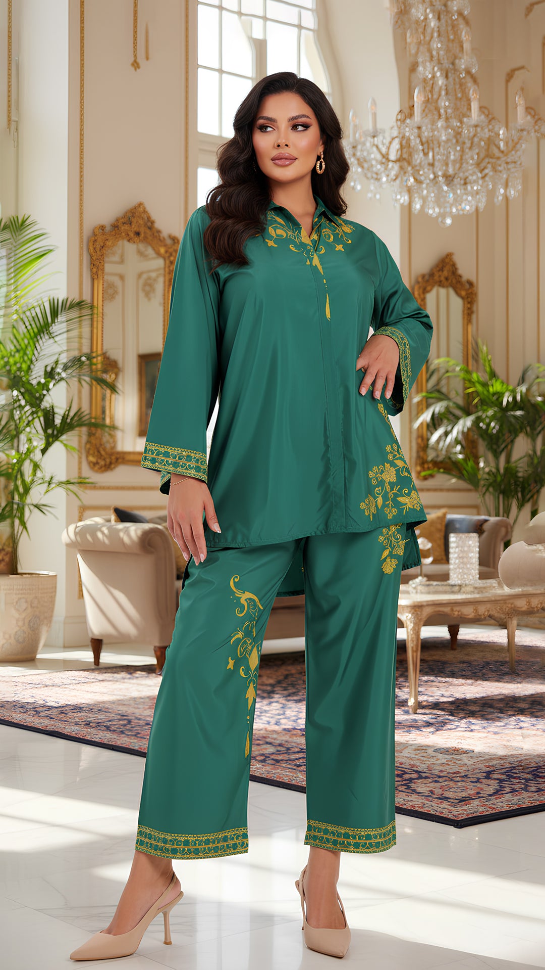 co ord set for women in green and yellow color